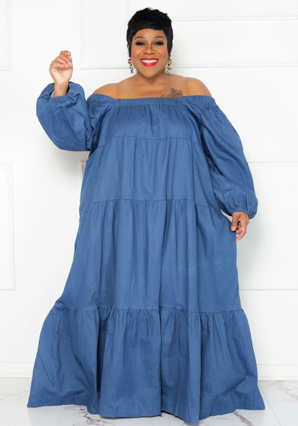 Spring Summer Fall Plus Size Solid Denim Ladies Oversized Ruffle Off Shoulder Dress