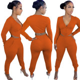 Women'S Solid Color Long-Sleeved V-Neck Zipper Two-Piece Pants Set