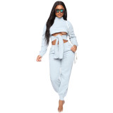 Women'S Fashion Sexy Solid Color High Collar Tie Hollow Top Blouson Trousers Two-Piece Set