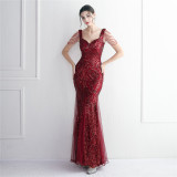 Chic Elegant Long Beaded Mesh Long Evening Dress Long Formal Party Slim Evening Dress