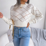Wind Autumn And Winter Hollow Plaid Long Sleeve Crop Knitting Sweater Women'S Clothing