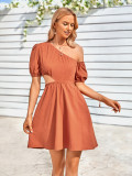 Spring Summer Women'S Casual Slash Shoulder Cutout Solid Color Slim Waist Dress