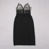 Black Uxury V Strapless Beaded Slim Fit Mid-Length Slit Bandage Dress Evening Dress