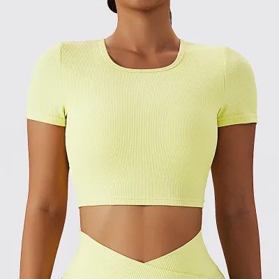 Running Sports Short Sleeve Ribbed Cutout Tank Yoga Wear High Intensity Quick Dry Fitness Short Sleeve Top