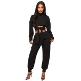 Women'S Fashion Sexy Solid Color High Collar Tie Hollow Top Blouson Trousers Two-Piece Set