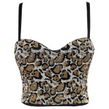 Women'S Fashion Style Slim Fit Beaded Low Back Bra Short Leopard Print Outdoor Wear Camisole Top