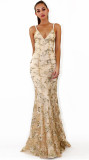 Women'S Straps Evening Dress V-Neck Low Back Sequin Tie Gown