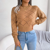 Wind Autumn And Winter Hollow Plaid Long Sleeve Crop Knitting Sweater Women'S Clothing