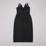 Black Uxury V Strapless Beaded Slim Fit Mid-Length Slit Bandage Dress Evening Dress