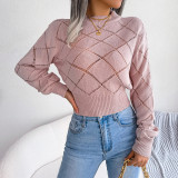 Wind Autumn And Winter Hollow Plaid Long Sleeve Crop Knitting Sweater Women'S Clothing