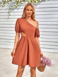 Spring Summer Women'S Casual Slash Shoulder Cutout Solid Color Slim Waist Dress