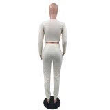 Women'S Solid Color Long-Sleeved V-Neck Zipper Two-Piece Pants Set