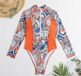 Women Colorblock Printed Long Sleeve One Piece Swimwear Wetsuit