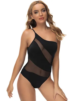 Women Sexy One Shoulder Mesh Patchwork One Piece Swimwear