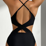Women Solid Backless One Piece Sexy Lace-Up Swimwear