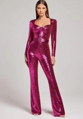 Women Long Sleeve Sequin Belt Jumpsuit