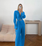Autumn Fashion Sexy Ruffle Sleeve Pleated Lace-Up Crop Wide Leg Trousers Women's Suit