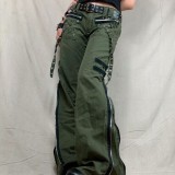 Women's Punk Alternative Low Rise Zipper Slit Denim Casual Wide Leg Pants