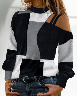 Autumn and winter simple off-the-shoulder geometric color block pattern long-sleeved top for women