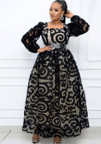 Plus Size Mesh Elegant Maxi Black Mid-Rise Printed Chic Pullover Dress Excluding Belt
