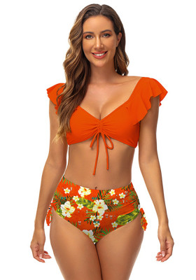 Bikini Digital Print Drawstring Fly Two Pieces Swimsuit