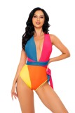 One Piece Swimsuit Solid Color Patchwork Crossover Lace-Up Low Back Tunic Swimsuit