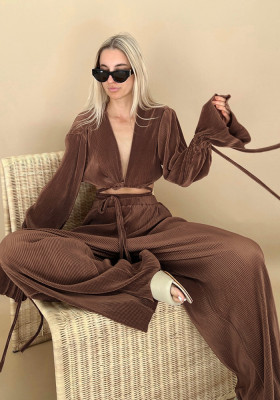 Autumn Fashion Sexy Ruffle Sleeve Pleated Lace-Up Crop Wide Leg Trousers Women's Suit