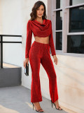 Womens Sexy Ladies Shiny Long Sleeve Top and Bell Bottom Pant Two Piece Set