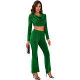 Womens Sexy Ladies Shiny Long Sleeve Top and Bell Bottom Pant Two Piece Set