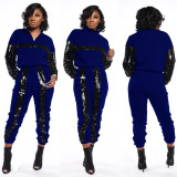 Women Sequin Colorblock Long Sleeve Top and Pant Two Piece Set