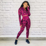 Women Finger Sleeve Print Camo Long Sleeve Top and Pant Two Piece Set