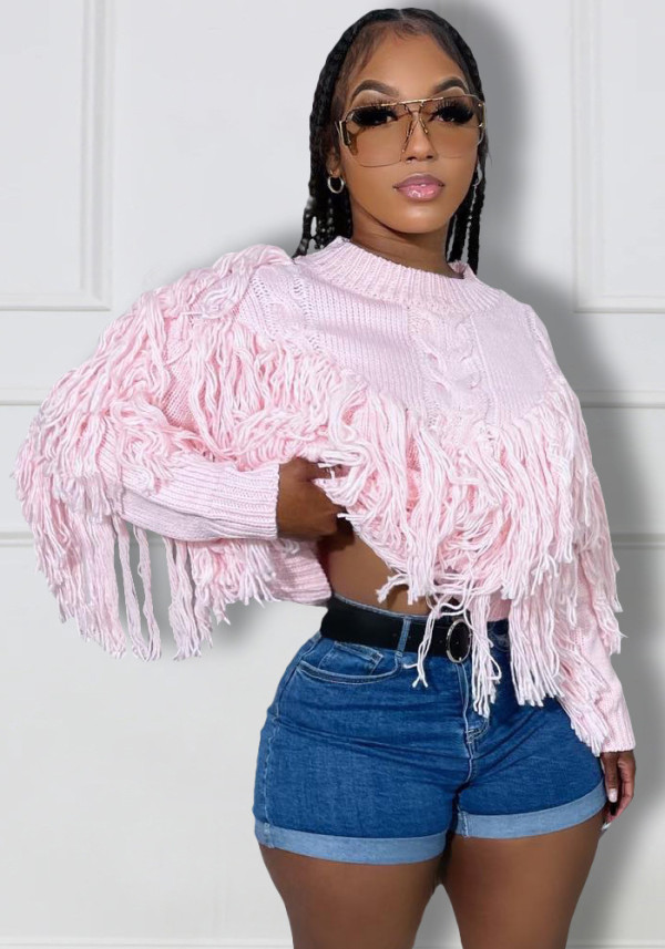 Plus Size Women Fringe Long Sleeve Sweater