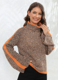 Women'S Winter Sweater Patchwork Mixed Color Knit Pullover Turtleneck Sweater