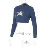 Women Star Fleece Long Sleeve Round Neck Crop Top
