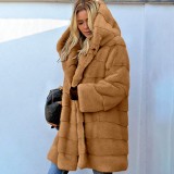 Maxi Solid Color Loose Hooded Faux Fur Coat Fall Winter Warm Coat