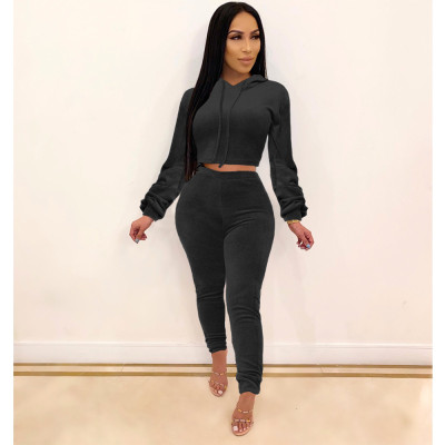 Women'S Sexy Fashion Autumn Winter Sports Hooded Velvet Two Piece Pants Set