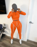 Women Sports Casual Patchwork Reflective Tape Long Sleeve Top and Pant Two Piece Set