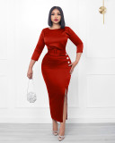 Women Elegant Pleated Split Bodycon Dress With Belt