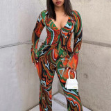 Autumn deep V suit female sexy printed shirt wide-leg pants fashion casual two-piece set