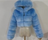 Fur Coat Cropped Hooded Faux Fur Coat Long Sleeve Patchwork Women's Coat