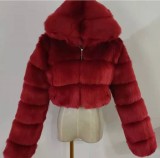 Fur Coat Cropped Hooded Faux Fur Coat Long Sleeve Patchwork Women's Coat