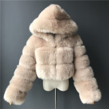 Fur Coat Cropped Hooded Faux Fur Coat Long Sleeve Patchwork Women's Coat