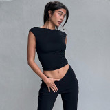Chic Solid Color Low Back Two-Wear Short-Sleeved T-Shirt Women'S Street Sexy Crop Top
