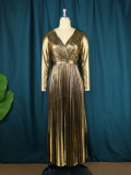 Shiny V-Neck Comfortable Dress Luxury Style High Waist Wrap Pleated Dress
