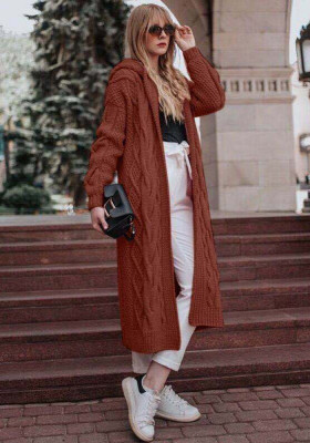 Fashion Winter Solid Color Hooded Long Cardigan Sweater Twist Knitting Shirt Women'S Clothing