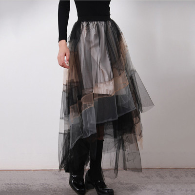 French Elegant Multi-Layer Patchwork Gradient Color Contrast Skirt Chic Asymmetrical Mesh Skirt Large Swing Tutu Skirt