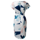 Women'S Boutique Fashion Chic Elegant Belt Geometric Pattern Print Bodycon Dress