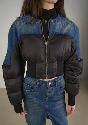 Fashion Short Coat Women'S Winter Color Contrast Denim Patchwork Ribbed Slim Waist Cotton Padded Jacket
