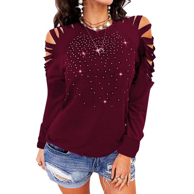 Autumn And Winter Round Neck Beaded Hollowed Out Long-Sleeved T-Shirt Top