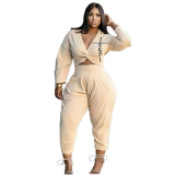 Letter Print Women'S Casual Solid Long Sleeve Two Piece Pants Set
